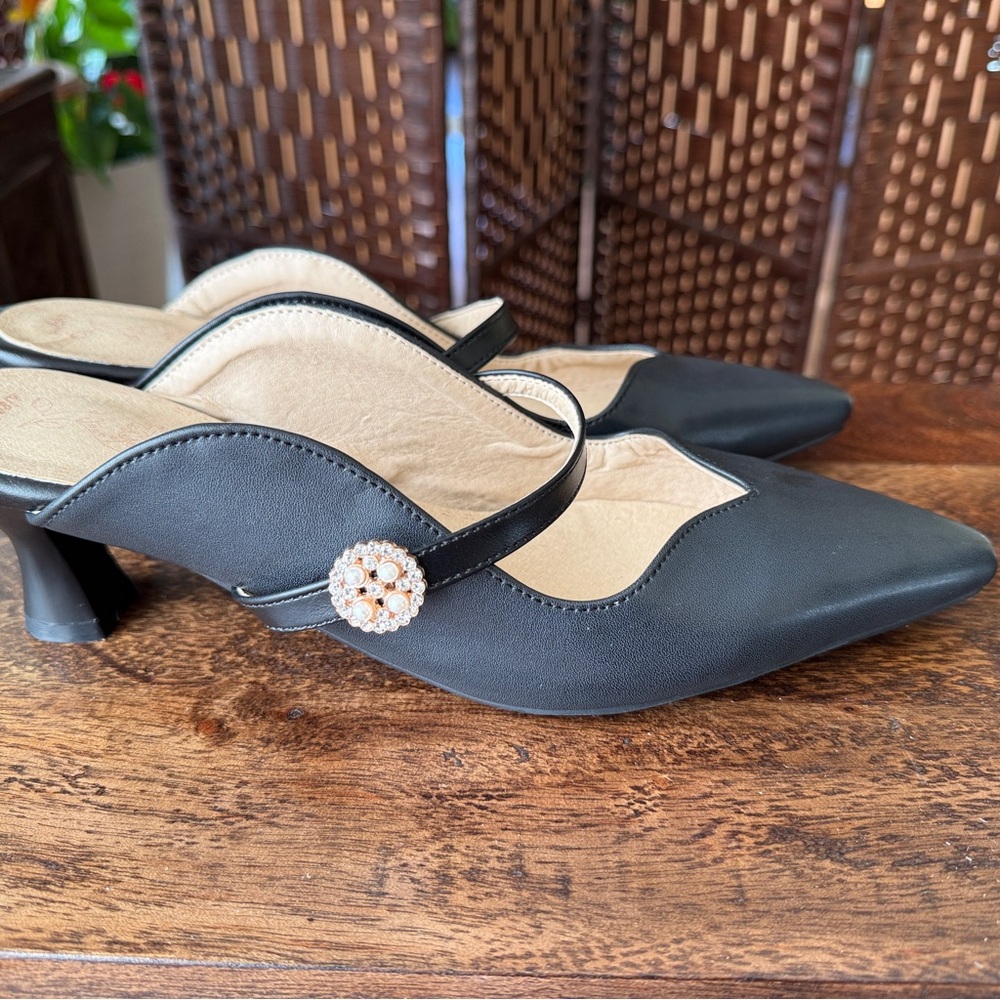 Aisopia Black Pointed Toe Mule Heels Mary Jane Strap Pearl Rhinestone Button